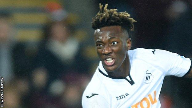 Tammy Abraham watches a shot at goal for Swansea