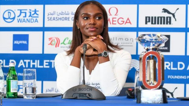 Dina Asher-Smith speaks at a news conference before Friday's Diamond League meeting in Doha