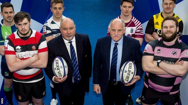 Scottish Rugby chief executive Mark Dodson and president Rob Flockhart are joined by players from the new Super 6 franchises