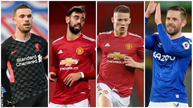 Liverpool's Jordan Henderson, Manchester United's Bruno Fernandes, Manchester United's Scott McTominay, Everton's Gylfi Sigurdsson