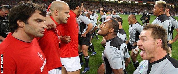 France advance on the haka in 2007 Rugby World Cup