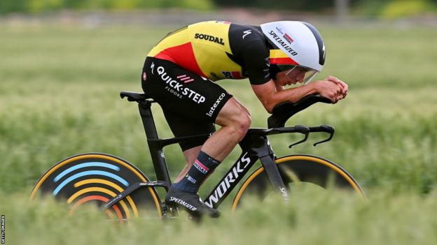 Belgian cyclist Remco Evenepoel riding to victory in the stage nine time trial of the Giro d'Italia