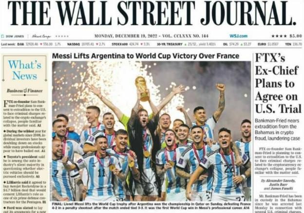 The Wall Street Journal with a headline saying "Messi lifts Argentina to World Cup victory"