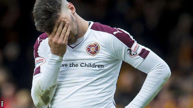 Hearts' Callum Paterson looks dejected after defeat at Motherwell