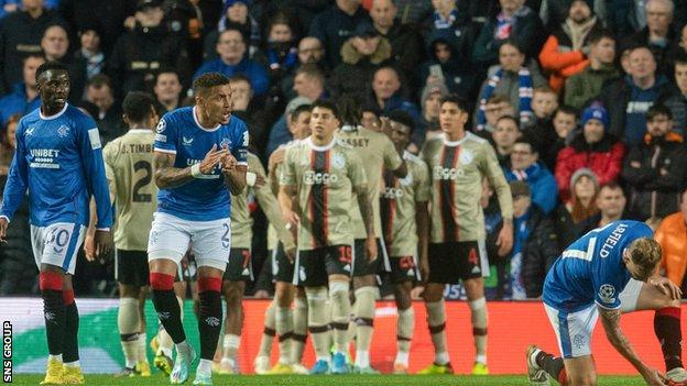 James Tavernier tries to rally his team-mates after Ajax open the scoring at Ibrox