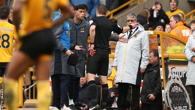 Wolves' Matheus Nunes is sent off during the Premier league match against Leeds United at Molineux