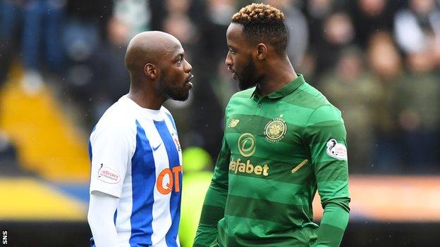 Kilmarnock midfielder Youssouf Mulumbu and Celtic striker Moussa Dembele clash at Rugby Park