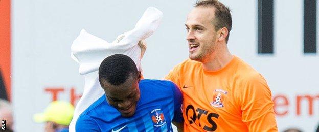 Kilmarnock keeper Jamie MacDonald celebrates victory at Motherwell with Souleymane Coulibaly