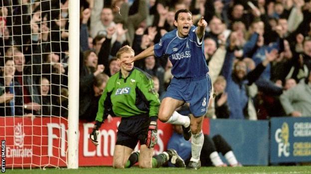 Gus Poyet celebrates scoring for Chelsea in 2000