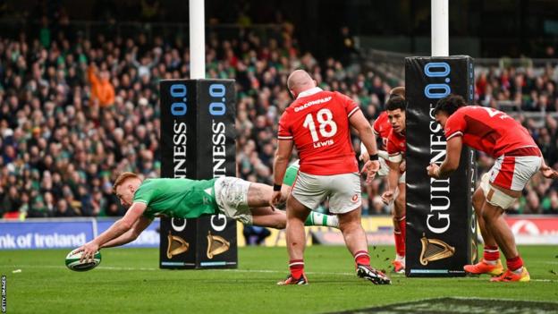 Ciaran Frawley crosses for Ireland