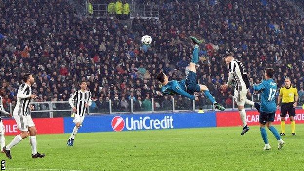 Cristiano Ronaldo scores a bicycle kick for Real Madrid against Juventus