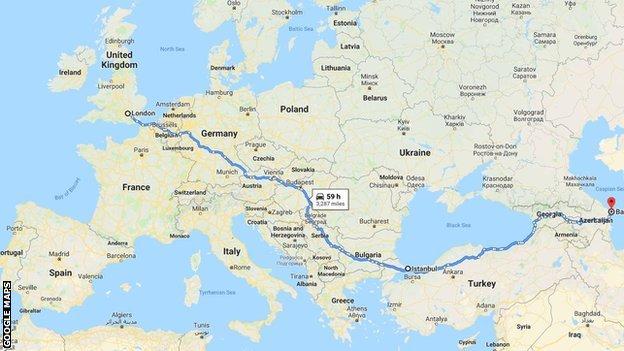 Google Maps directions from London to Baku Olympic Stadium