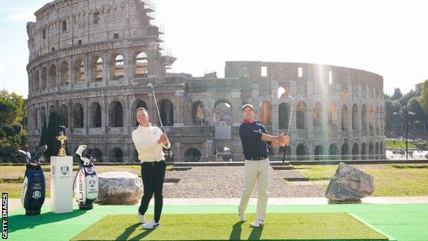 Europe captain Luke Donald (left) and US skipper Zach Johnson pictured outside the Colosseum in Rome