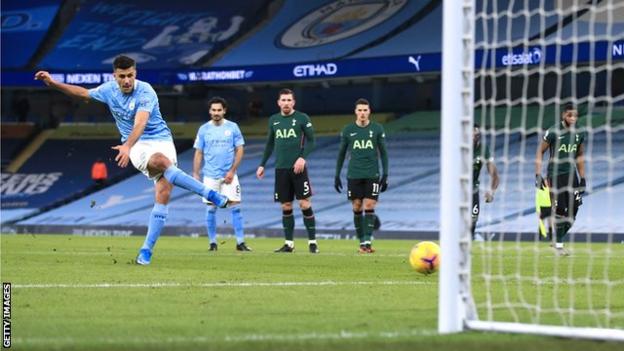 Rodri scores from the penalty spot for Manchester City against Tottenham
