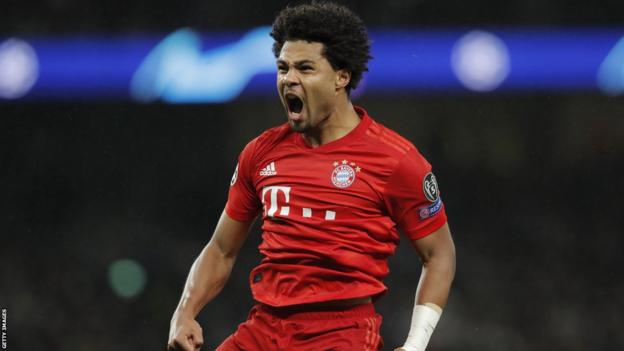 Bayern Munich's Serge Gnabry celebrates scoring against Tottenham in the 2019 Champions League group stage