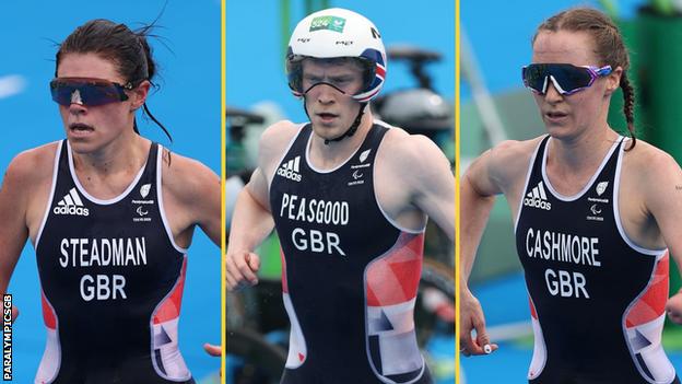 GB triathletes Lauren Steadman, George Peasgood and Claire Cashmore in action in Tokyo