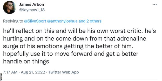 Twitter post on Anthony Joshua loss