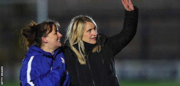 Emma Hayes (right) celebrates after Chelsea Ladies progressed to the Women's Champions League semi-final