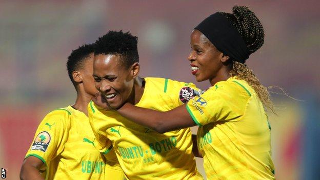Mamelodi Sundowns pair Chuene Morifi (left) and Andisiwe Mgcoyi (right) celebrate scoring at the Women's African Champions League