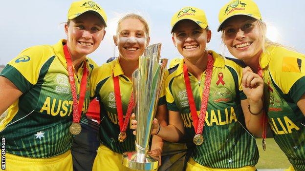 Australia's players after their Women's World T20 win in 2014