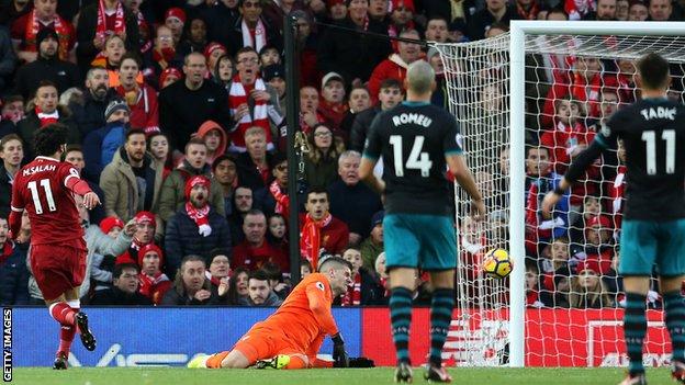 Mohamed Salah scores Liverpool's second goal against Southampton