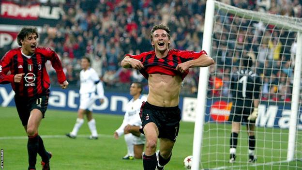 Andriy Shevchenko of AC Milan celebrates scoring against Inter Milan in the first leg of the quarter-final of the Champions League in 2005