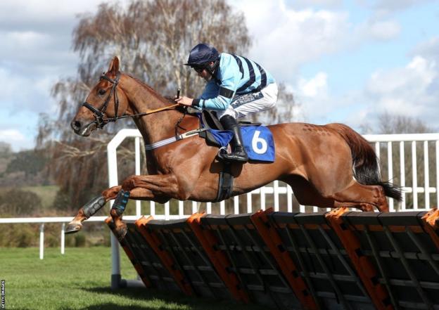 Trooper Jones ridden by jockey Alex Edwards in the Watch On RacingTV Novices' Hurdle at Ludlow Racecourse