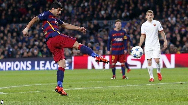 Luis Suarez scores with a volley