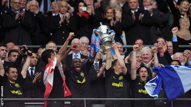 Wigan celebrate beating Manchester City to win the 2013 FA Cup final