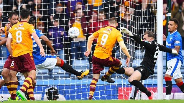 Louis Moult scores for Motherwell against Rangers