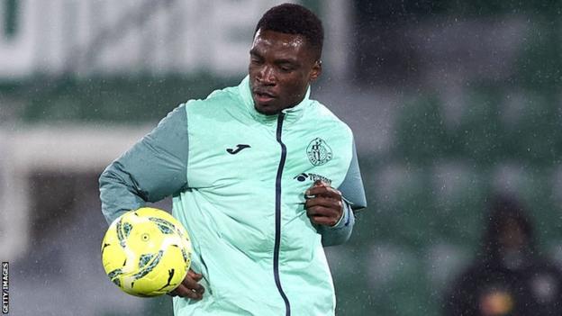 Ghanaian Sabit Abdulai warms up for Spanish side Getafe ahead of a La Liga match