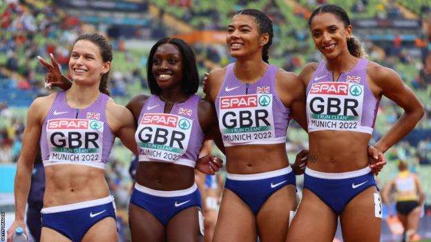 Britain's Zoey Clark, Ama Pipi, Nicole Yeargin and Laviai Nielsen celebrate after the Women's 4 x 400m Relay Round 1 Heat