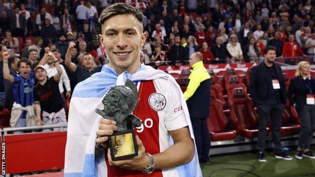 Lisandro Martinez with the Ajax supporters' player of the year trophy for 2021-22