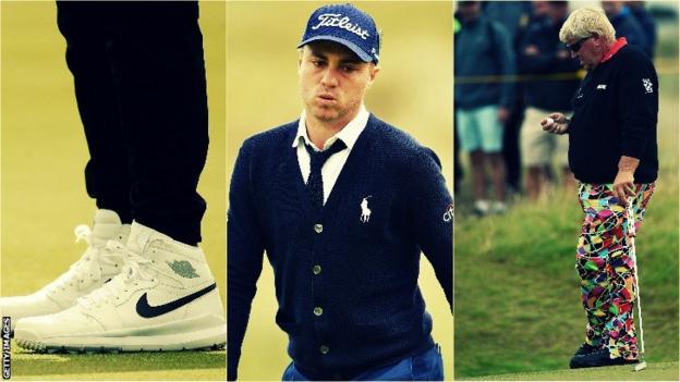 There were some interesting fashion choices on Thursday. From left Jason Day's shoes, Justin Thomas's tie and John Daly's trousers