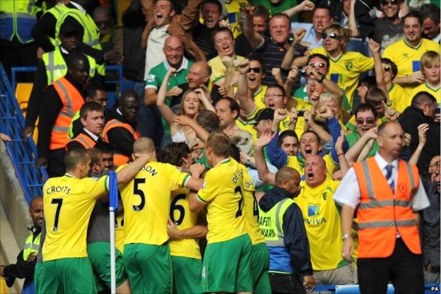 Norwich celebrate their equaliser at Chelsea