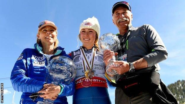 Mikaela Shiffrin (centre) with her parents Eileen (left) and father Jeff (right) in 2017
