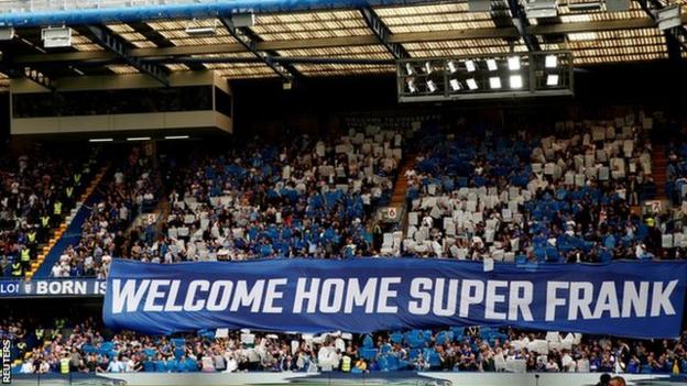 A banner at Stamford Bridge welcoming Frank Lampard