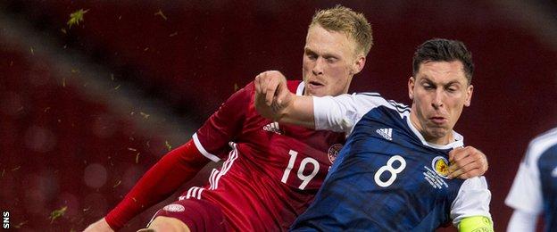 Scott Brown playing for Scotland against Denmark