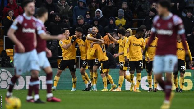 Wolves celebrate the winner against West Ham