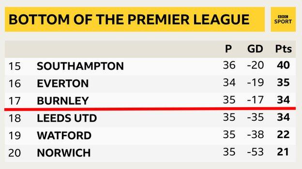 Snapshot of the bottom of the Premier League table: 15th Southampton, 16th Everton, 17th Burnley, 18th Leeds, 19th Watford & 20th Norwich