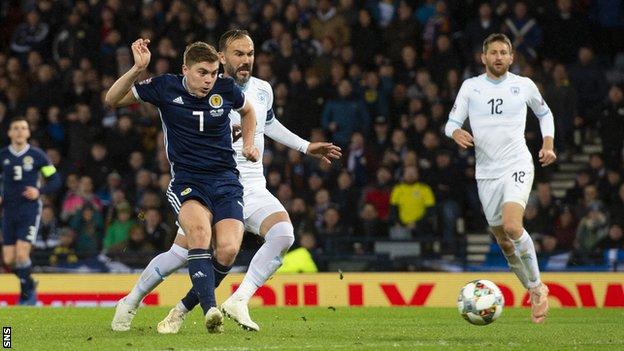 James Forrest scores for Scotland against Israel