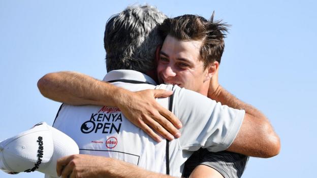 Guido Migliozzi of Italy celebrates after he wins the tournament on during Day Four of the Magical Kenya Open presented by Absa at the Karen Country Club on March 17, 2019 in Nairobi, Kenya