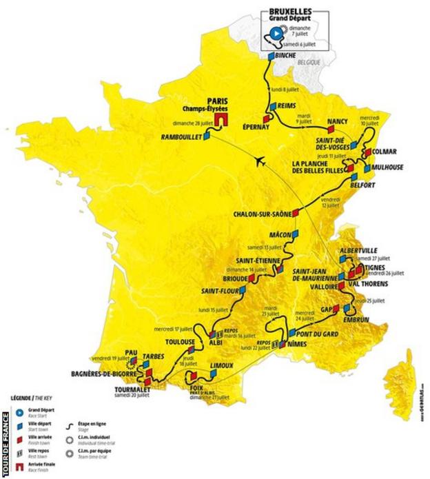 A map of the 2019 Tour de France route