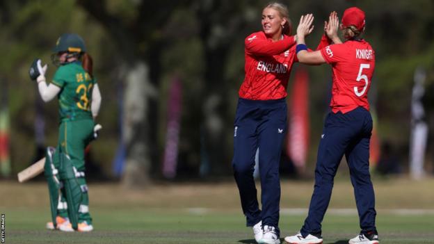 Sarah Glenn and Heather Knight celebrate a wicket in a warm-up game v South Africa