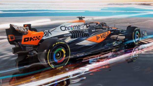 Image of McLaren F1 car with special silver livery for the 2023 British Grand Prix