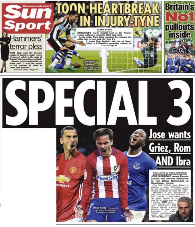 Jose Mourinho hopes to have a stellar front three at his disposal according to the Sun - Griezmann, Ibrahimovic and Lukaku