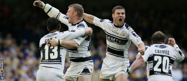 Hull FC celebrate Paul Cook's late try at Cardiff