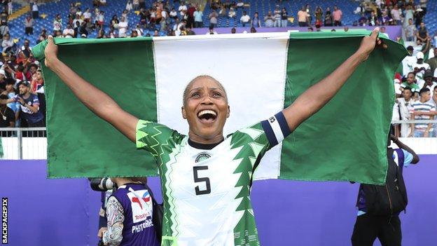 Nigeria's Onomi Ebi celebrates qualifying for the 2023 Women's World Cup