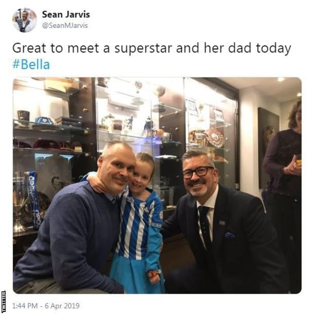 Tweet by Huddersfield director Sean Jarvis: &amp;quot;Great to meet a superstar and her dad today #Bella&amp;quot;