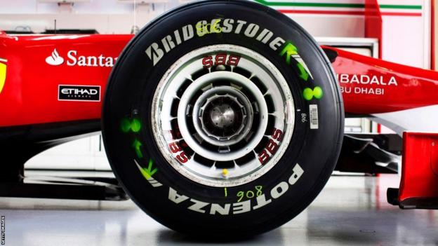 A Bridgestone tyre on a Ferrari Formula 1 car in 2010